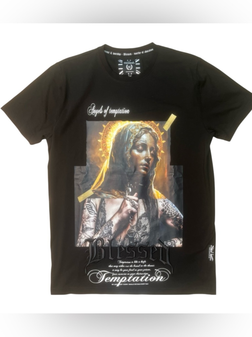 Sz M Black Graphic Tee with Gold Halo Madonna Print